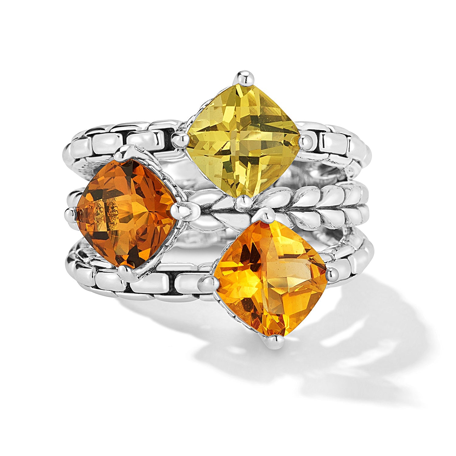 Our Sterling Silver Multi Gemstone Ring in Forest features 7x7mm cushion Citrine, Cognac Quartz and Olive Quartz gemstones set in Box Chain pattern stage. The gemstones are perched atop our modern art