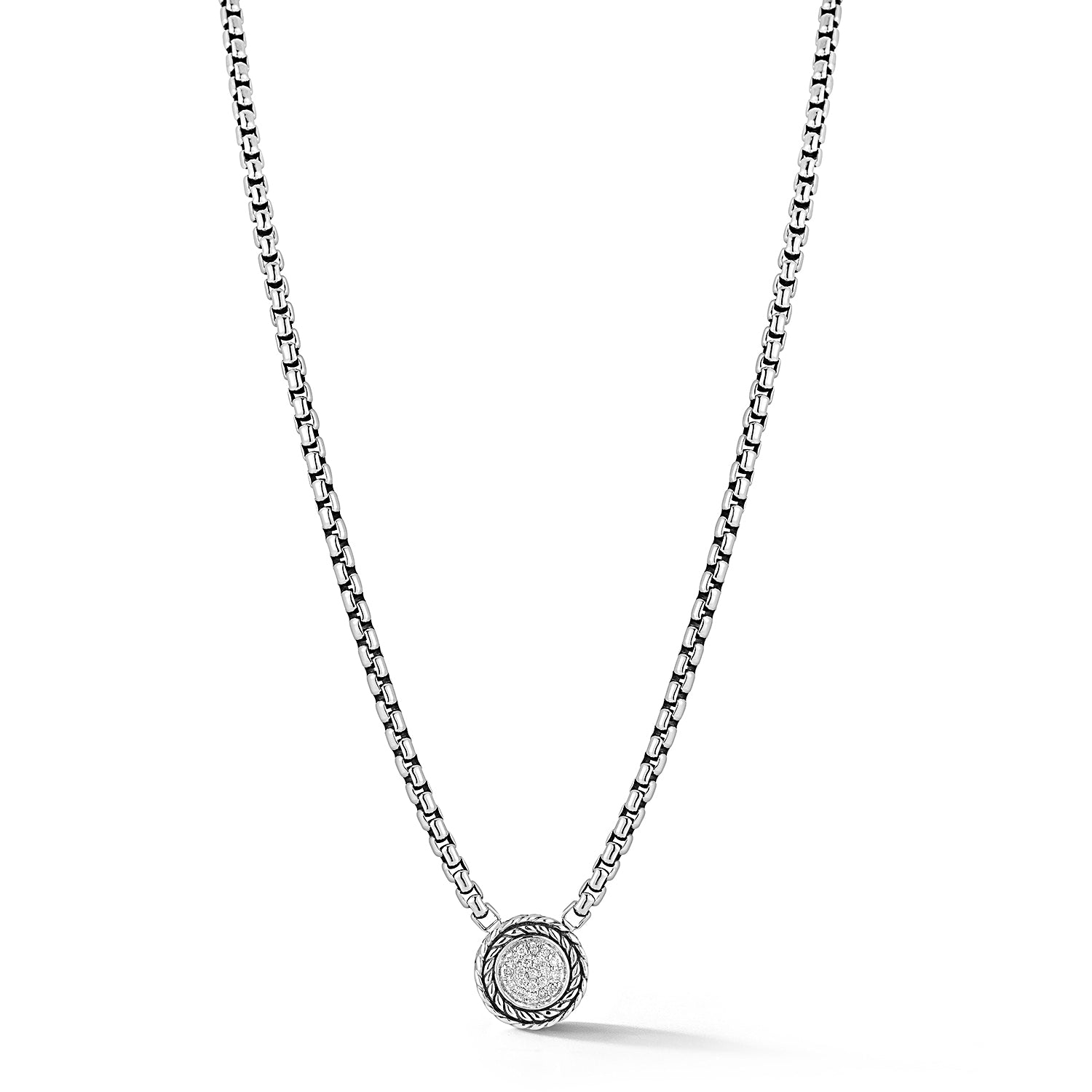 Our Sterling Silver 3.7mm Box Chain Necklace is centered with Hammered Disk element, outlined with brilliant round Diamonds. Necklace length is 16"+4".Stone Information:Diamond > Shape: Round | Cut: B