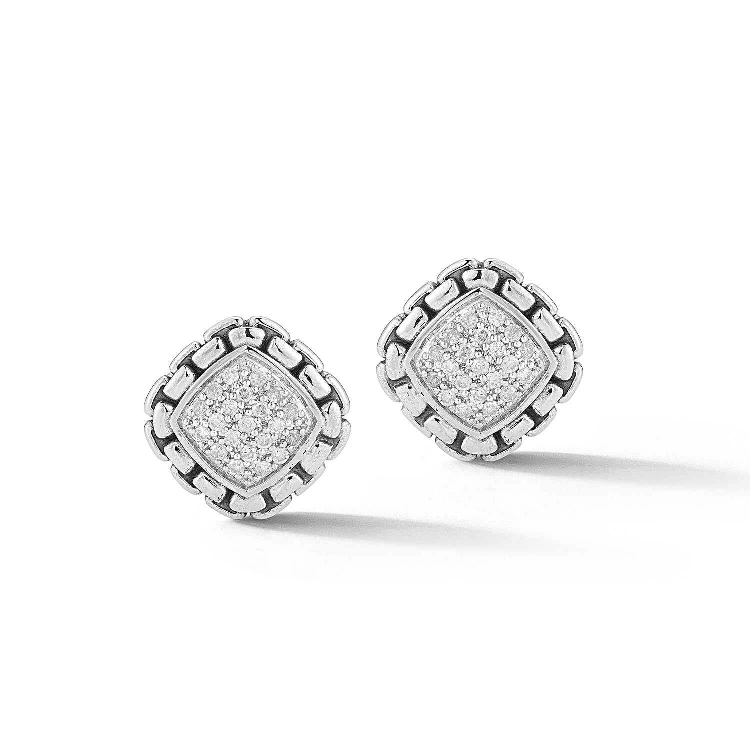 Our Sterling Silver Square Stud Earrings feature a cushion center of Pave Diamonds outlined with Box Chain pattern. Omega and post findings.Stone Information:Diamond > Shape: Round | Cut: Brilliant |