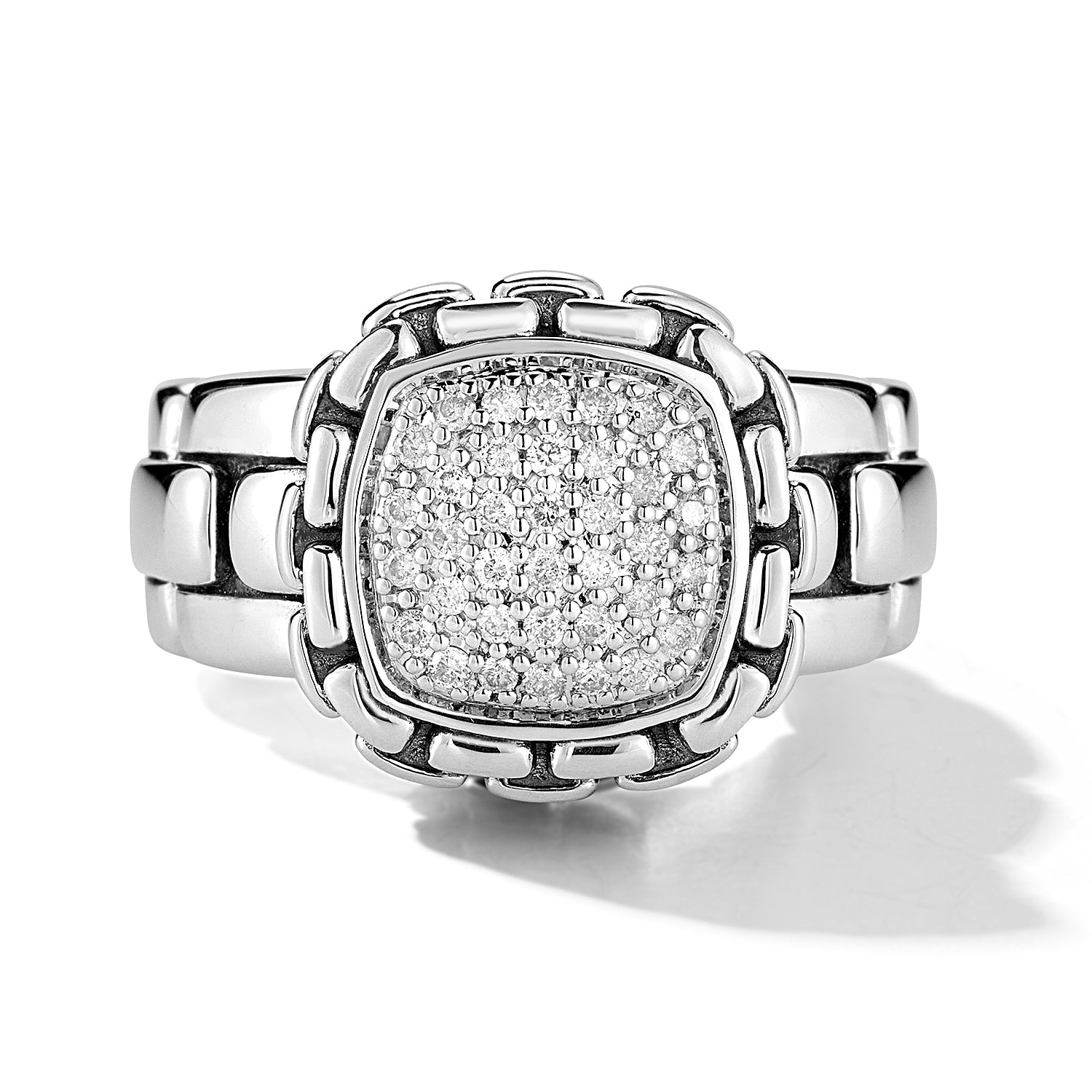 Our Sterling Silver & Pave Diamond Ring showcases a square cushion of brilliant round Diamonds, wrapped with Box Chain pattern. The Box Chain pattern forms the shank and is polished on inner surface.S
