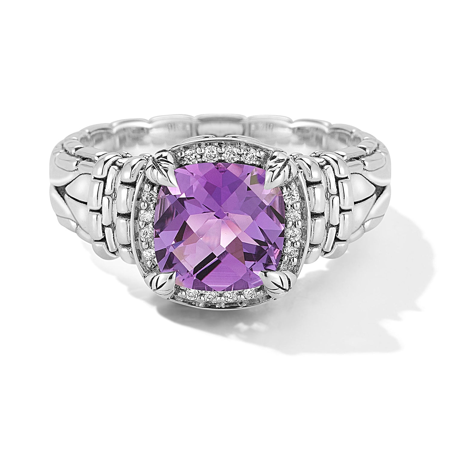 JAI Sterling Silver Diamond & Gemstone Ring with 8mm Cushion Amethyst and Box Chain Pattern. Multiple Gemstone Options and Available in Sizes: 5, 6, 7, 8, 9Stone Information:Amethyst > Shape: Cushion