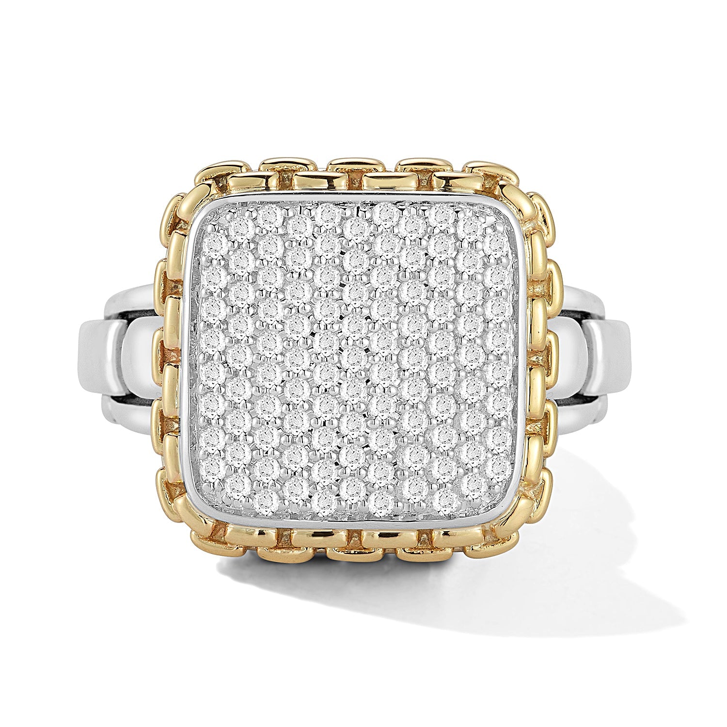 Our Sterling Silver & 14K Gold Square Pave Diamond Ring features brilliant round Diamonds set in polished frame and wrapped with 14K Gold Box Chain pattern. The shank is made with Box Chain element an