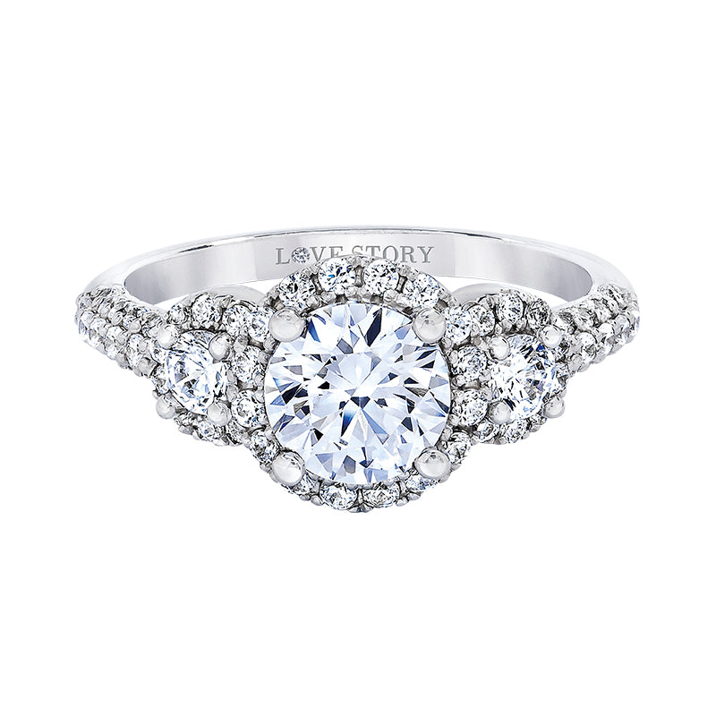 three-stone halo engagement ring by love story