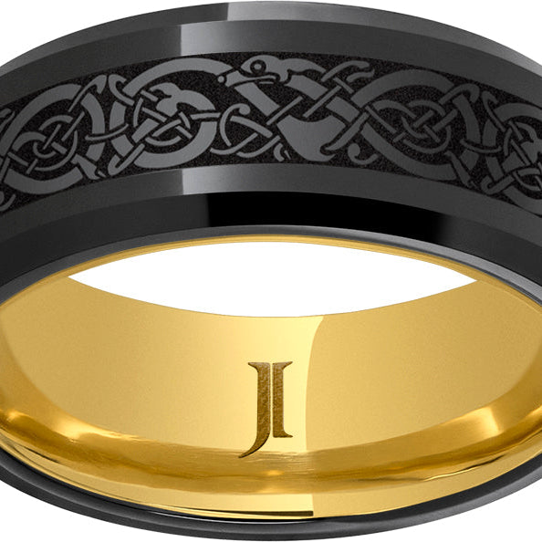 black diamond ceramic™ beveled edge band with viking laser engraving and hidden gold™ 10k yellow gold inlay
