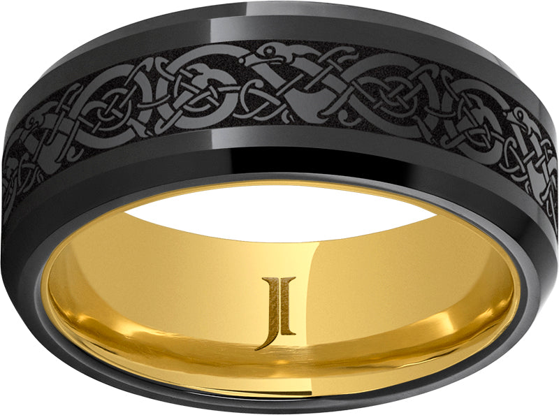 black diamond ceramic™ beveled edge band with viking laser engraving and hidden gold™ 10k yellow gold inlay
