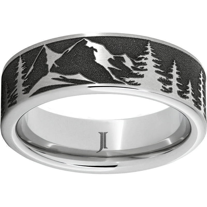 serinium® flat band with mountain pine scene laser engraving
