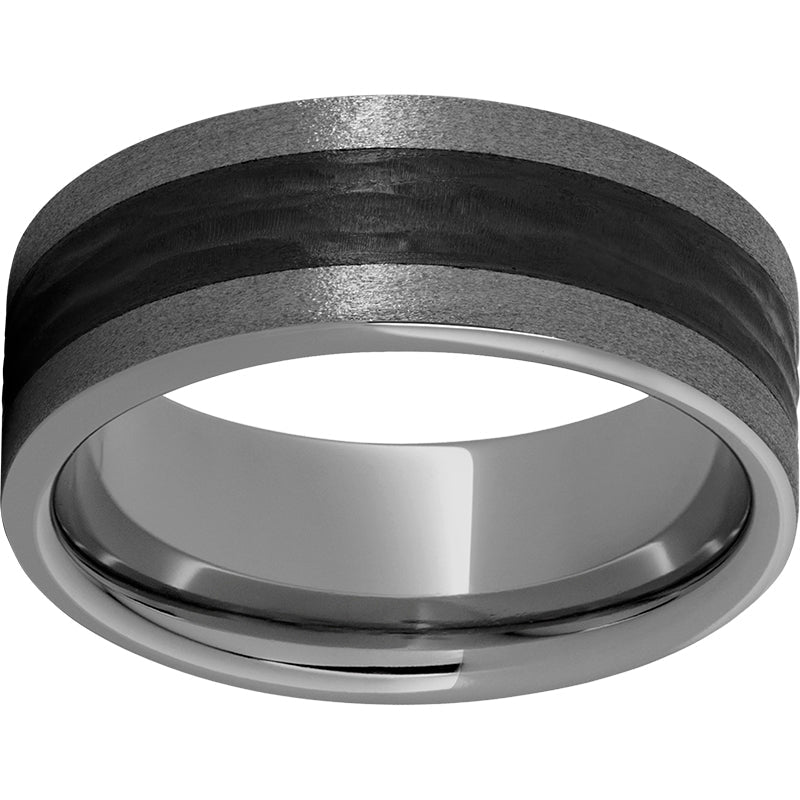 rugged tungsten™ 8mm pipe cut band with black ceramic bark finish and stone finish edges