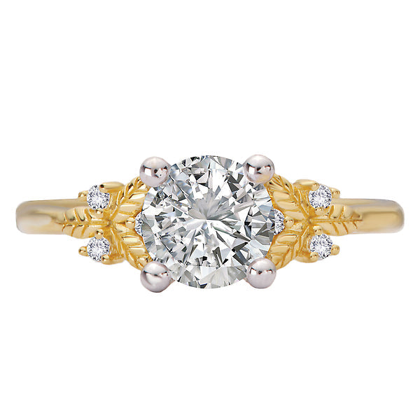 Round Semi-Mount Diamond Engagement Ring with Hidden Halo and Leaf Design