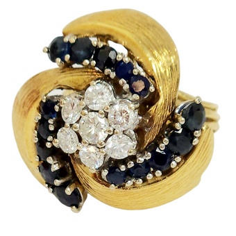 Swirling Yellow Gold Ring with Diamonds and Sapphires