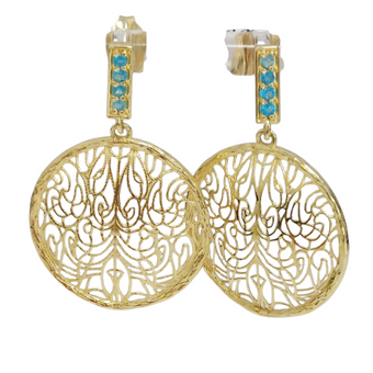 Delicate Gold Filigree Dangle Earrings with Blue Stones