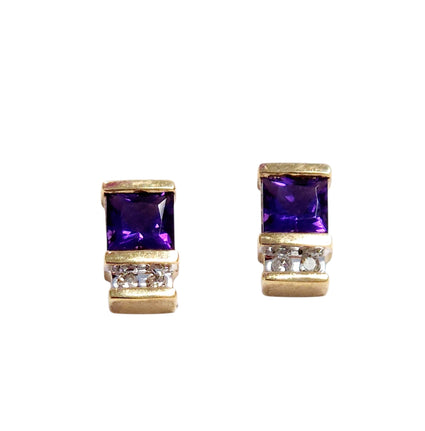 Very Distinctive Princess Cut Amethyst and Diamond Earrings