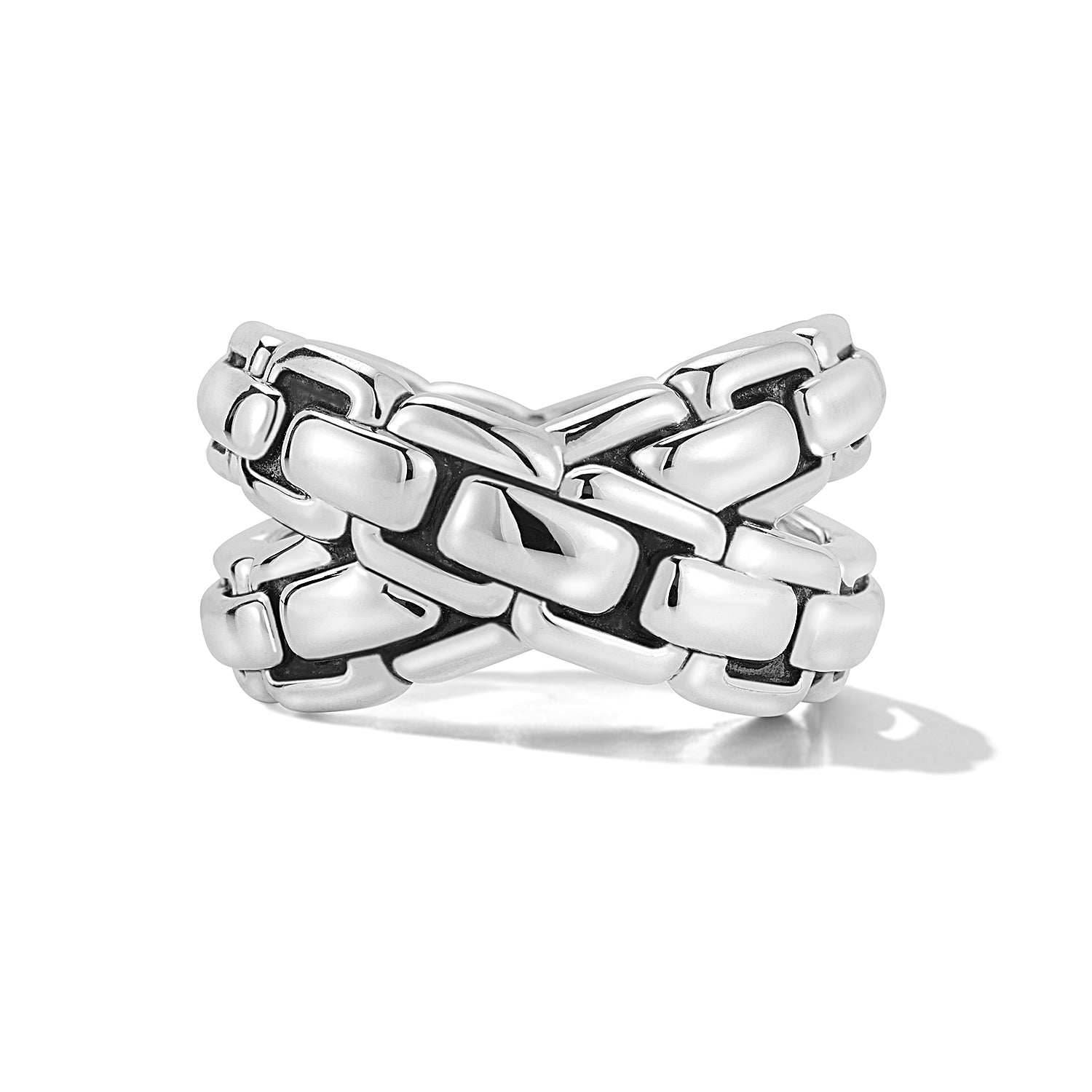 Our Sterling Silver Contemporary Double Strand Criss Cross Ring highlights the bypass of graduated Origin Box Chain design elements. "X" is for love.