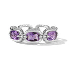 Our Sterling Silver Statement Link & Multi Gemstone Ring showcases three 6x4mm cushion Amethyst gemstones. Each link is highlighted with Basketweave pattern and is bridged with Box Chain.*Available in