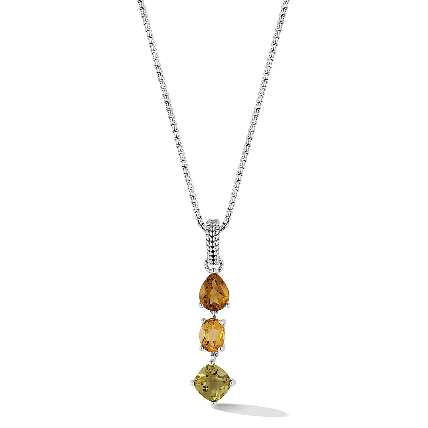 Our Sterling Silver Multi Gemstone Pendant Necklace  in Forest features pear Cognac Quartz,  oval Citrine and cushion Olive Quartz. The gemstone trio dangle from a 1.6mm Box Chain Necklace with a Box 