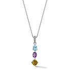 Our Sterling Silver Multi Gemstone Pendant Necklace in Sea features pear Sky Blue Topaz, oval Amethyst and cushion Olive Quartz. The gemstone trio dangle from a 1.6mm Box Chain Necklace with a Box Cha