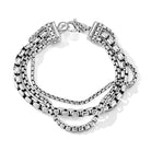 Sterling Silver Triple Strand Bracelet features three strands of polished 2.7mm, 3.7mm and 5.3mm (center strand) Box Chain.Sizes:Large (8.125" Length)Medium (7.625" Length)Small (7.250" Length)