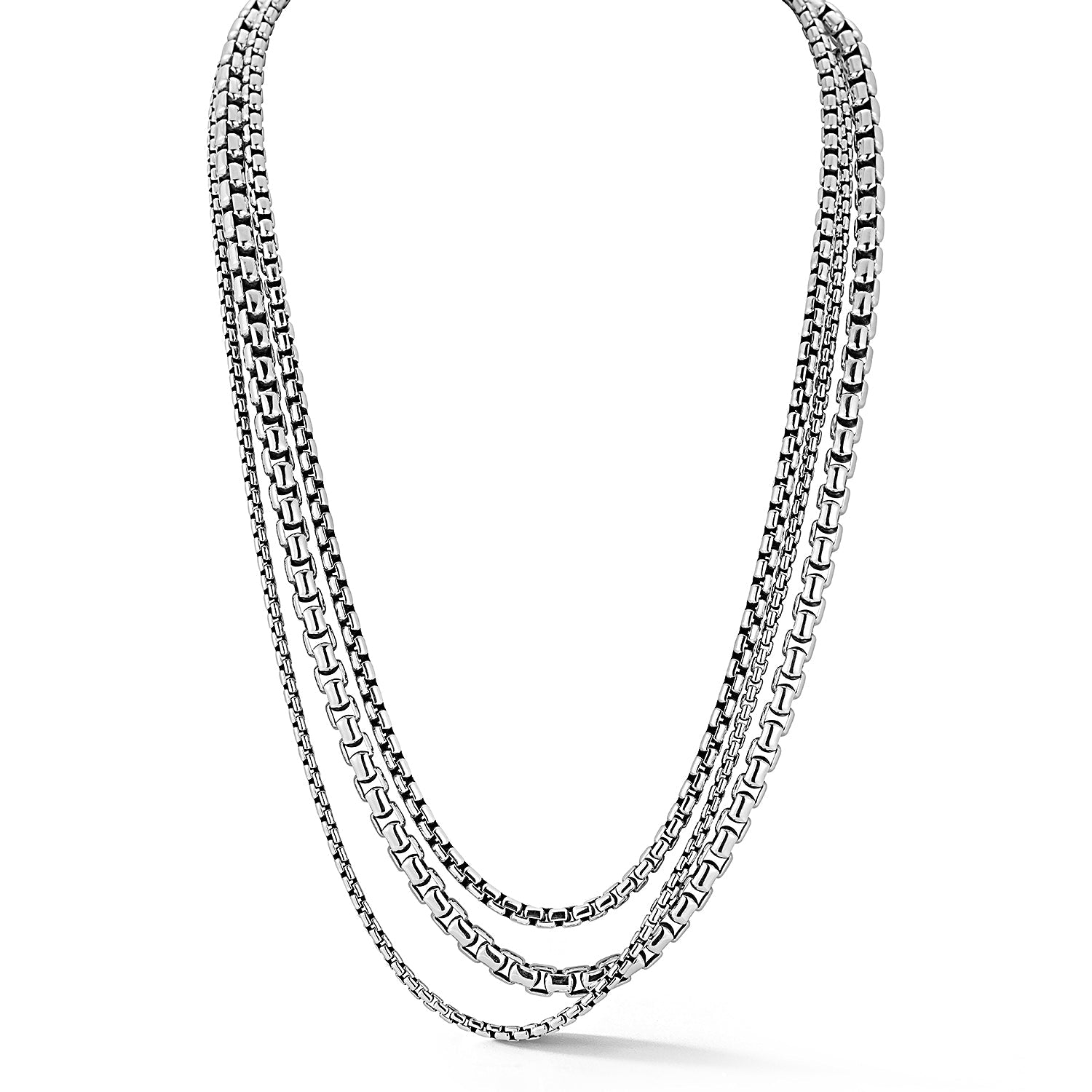 Our Sterling Silver Triple Strand Necklace features three strands of polished 2.7mm, 3.7mm and 5.3mm (center strand) Box Chain. Necklace length is 16"+4".