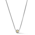 Our Sterling Silver & 14K Gold 3.7mm Box Chain Necklace is centered with 14K Gold Hammered Disk element outlined with Basketweave pattern. Necklace length is 16"+4".