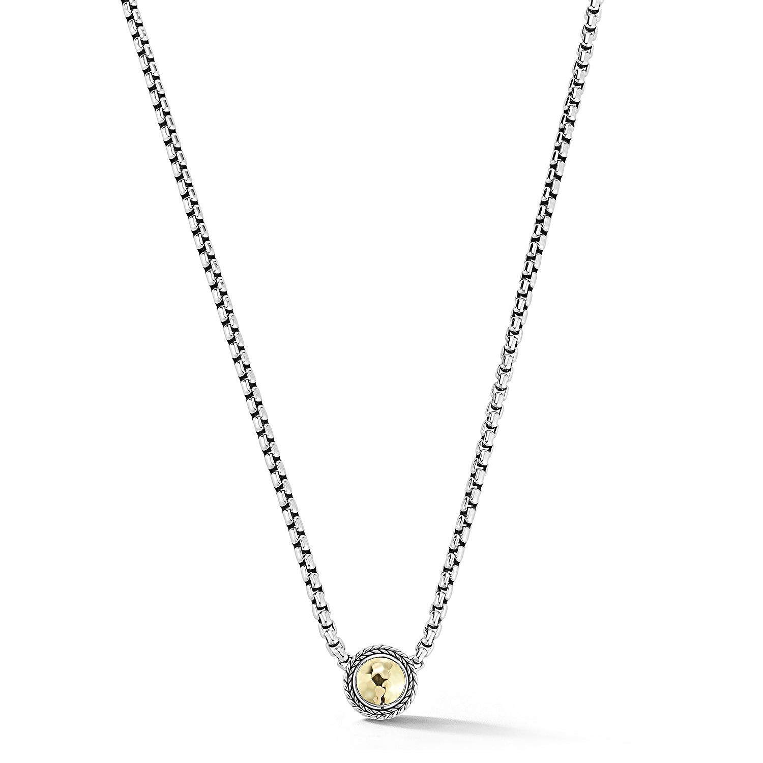 Our Sterling Silver & 14K Gold 3.7mm Box Chain Necklace is centered with 14K Gold Hammered Disk element outlined with Basketweave pattern. Necklace length is 16"+4".