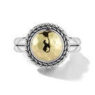 Our Sterling Silver & 14K Gold Hammered Disk Ring features round 14K Gold Hammered design element wrapped with Basketweave pattern. The Basketweave shank is polished on inner surface.