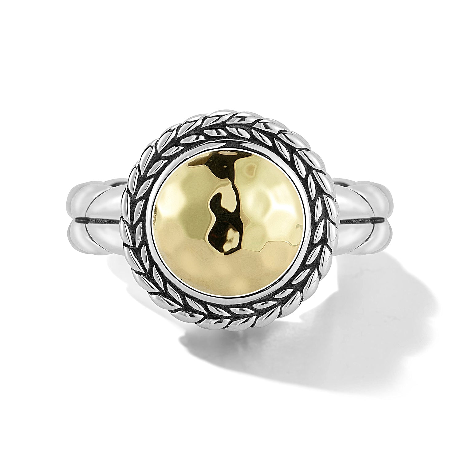 Our Sterling Silver & 14K Gold Hammered Disk Ring features round 14K Gold Hammered design element wrapped with Basketweave pattern. The Basketweave shank is polished on inner surface.