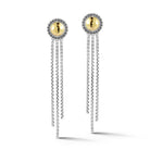Sterling Silver & 14K Gold Hammered Button Dangle Earrings with three strands of 2mm Box Chain fringe.