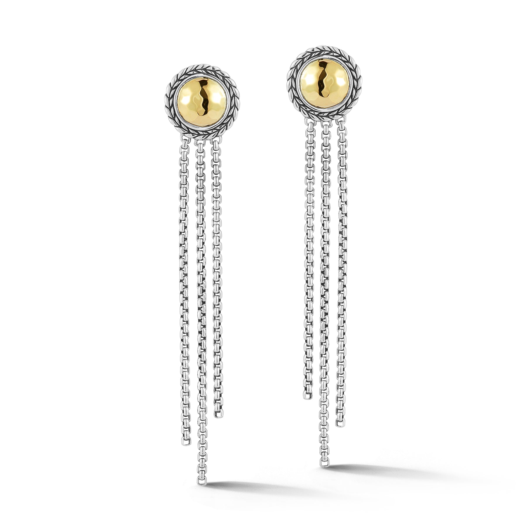 Sterling Silver & 14K Gold Hammered Button Dangle Earrings with three strands of 2mm Box Chain fringe.