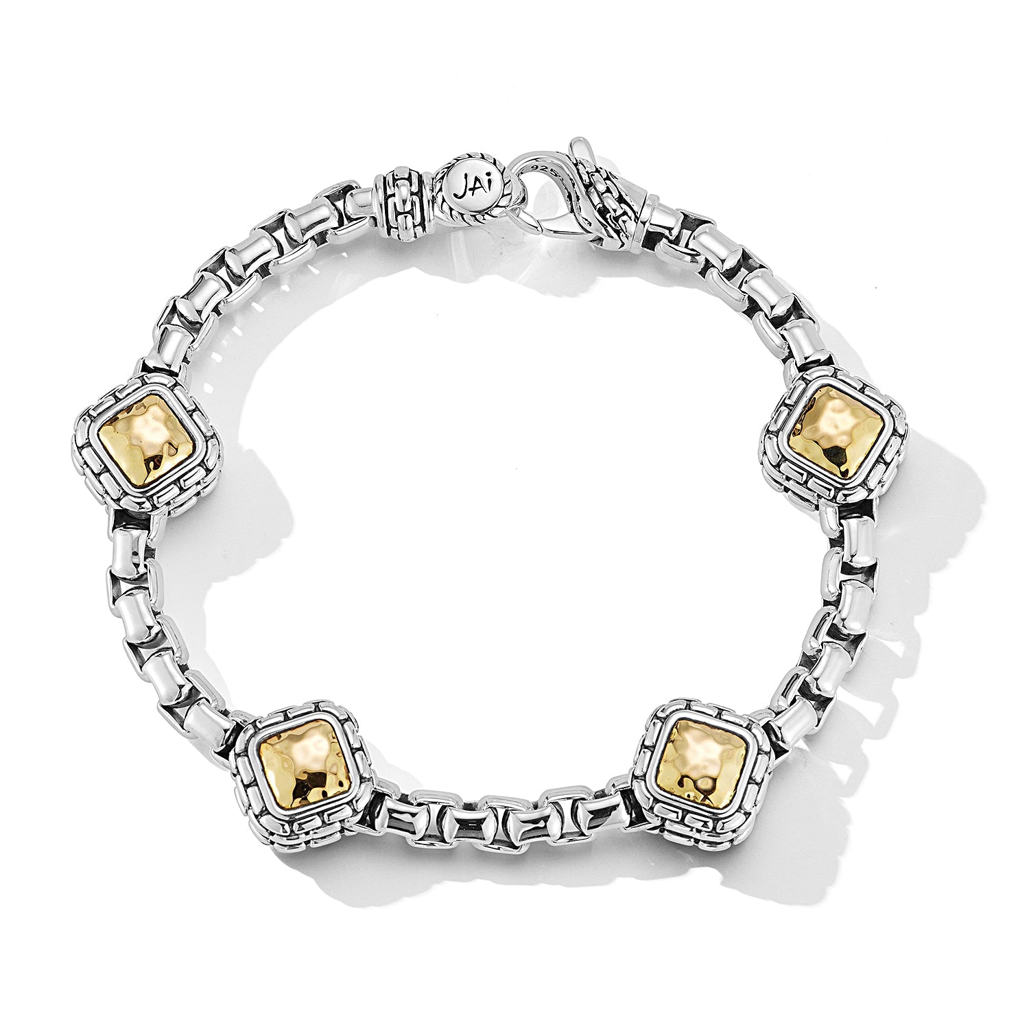 Our Sterling Silver & 14K Gold 5.3mm Box Chain Bracelet features four 14K Gold puffed square Hammered elements, outlined with Box Chain pattern, stationed between five Box Chain segments.Sizes:Large (