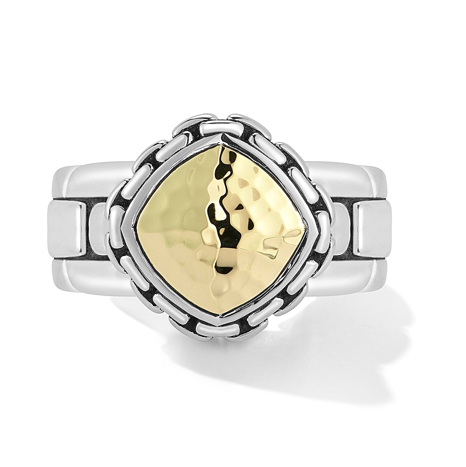 Our Sterling Silver & 14K Gold Hammered Box Chain Ring is centered with puffed square 14K Gold Hammered design element edged with rows of Box Chain pattern. The Box Chain shank is polished and smooth 