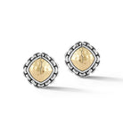 Our Sterling Silver & 14K Gold Square Button Stud Earrings feature 14K Hammered design element wrapped with Box Chain pattern and feature Omega and post findings.