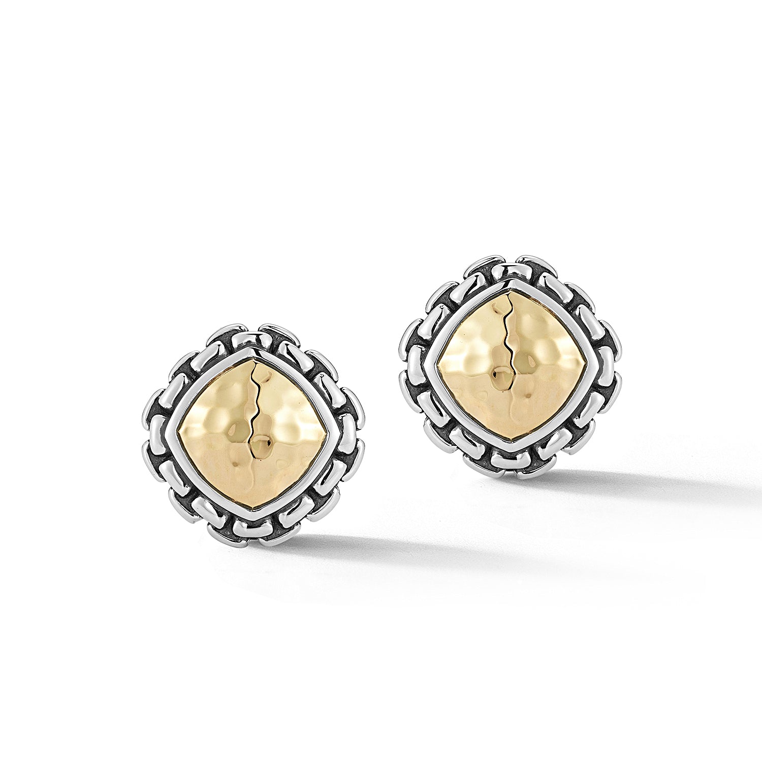 Our Sterling Silver & 14K Gold Square Button Stud Earrings feature 14K Hammered design element wrapped with Box Chain pattern and feature Omega and post findings.