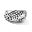 Sterling Silver Modern Artisan Band Ring features our polished Hammered design element flanked by textured  diagonal rows of Box Chain, Basketweave and geometric design elements edged with Basketweave