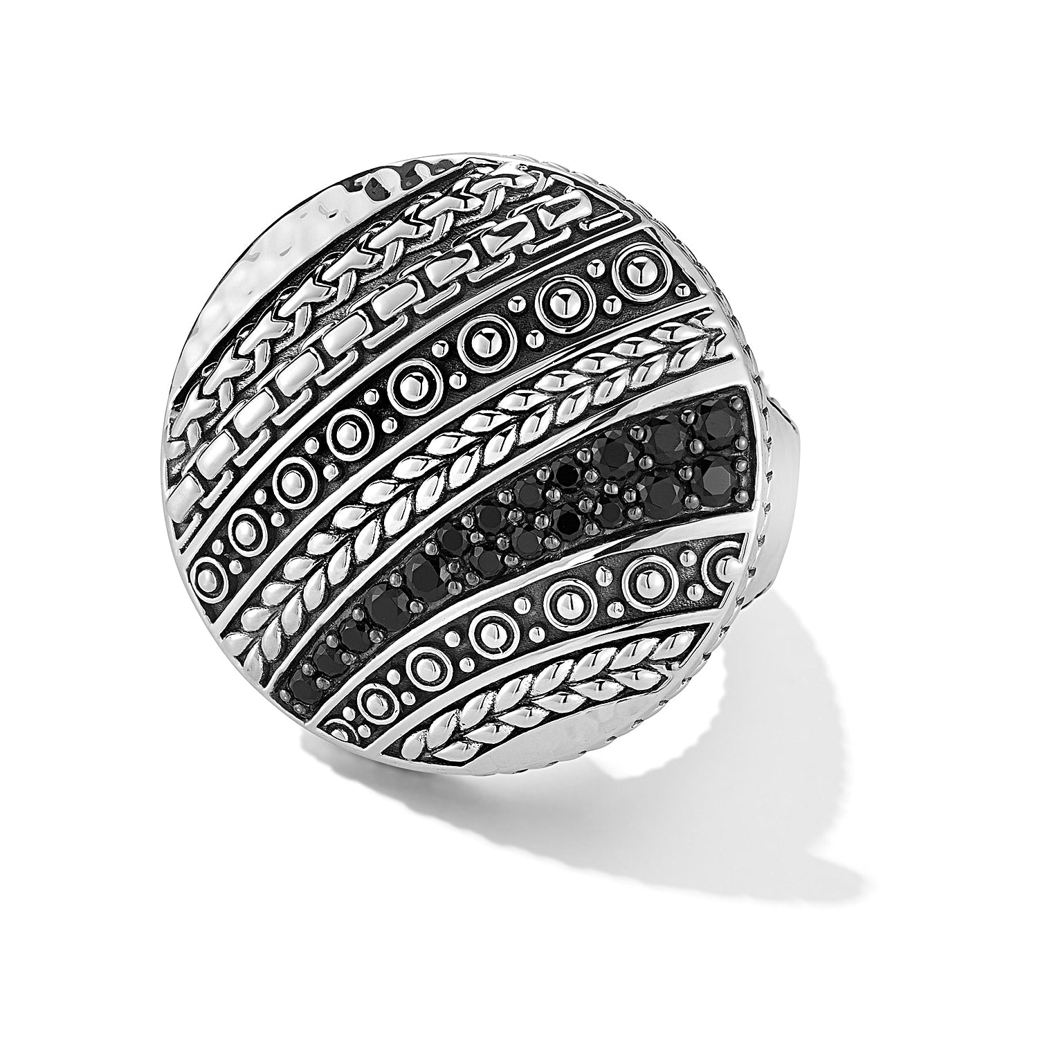Our Sterling Silver Master Artisan Gemstone Disk Ring features a segment of round faceted Black Spinel gemstones offset by stripes of Basketweave, Dots, Box Chain and Byzantine design elements. The Ha
