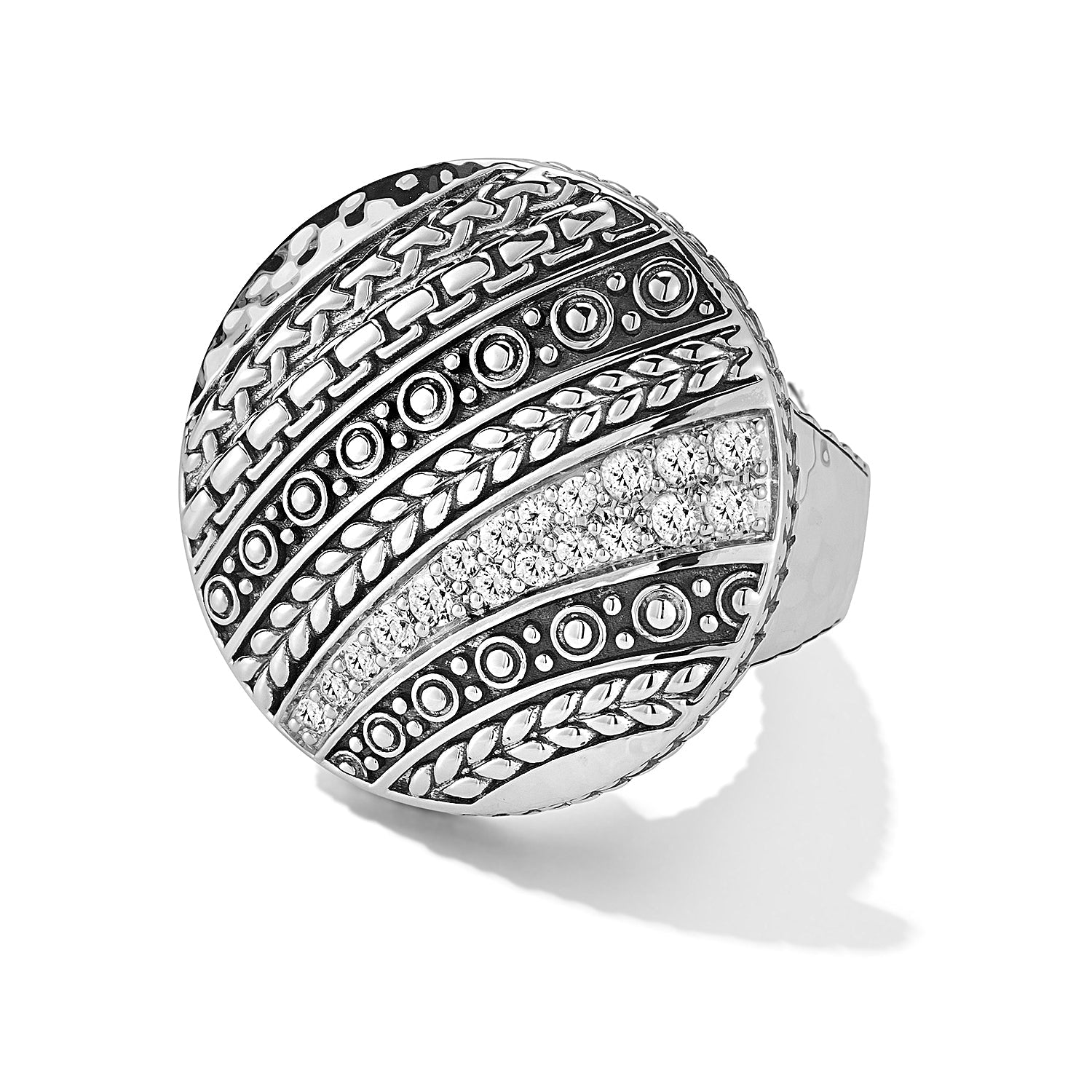 Our Sterling Silver Master Artisan Gemstone Disk Ring features a segment of round faceted White Topaz gemstones offset by stripes of Basketweave, Dots, Box Chain and Byzantine design elements. The Ham