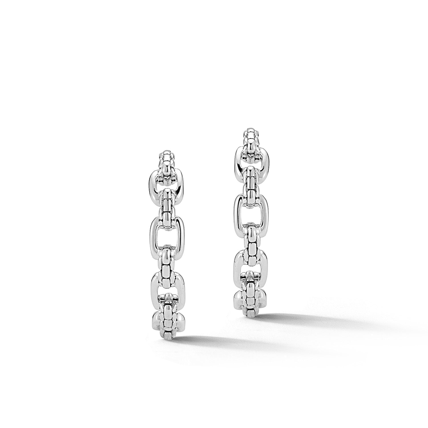 Sterling Silver Three Quarter Hoop Earrings featuring Statement links alternating with Box Chain stations.