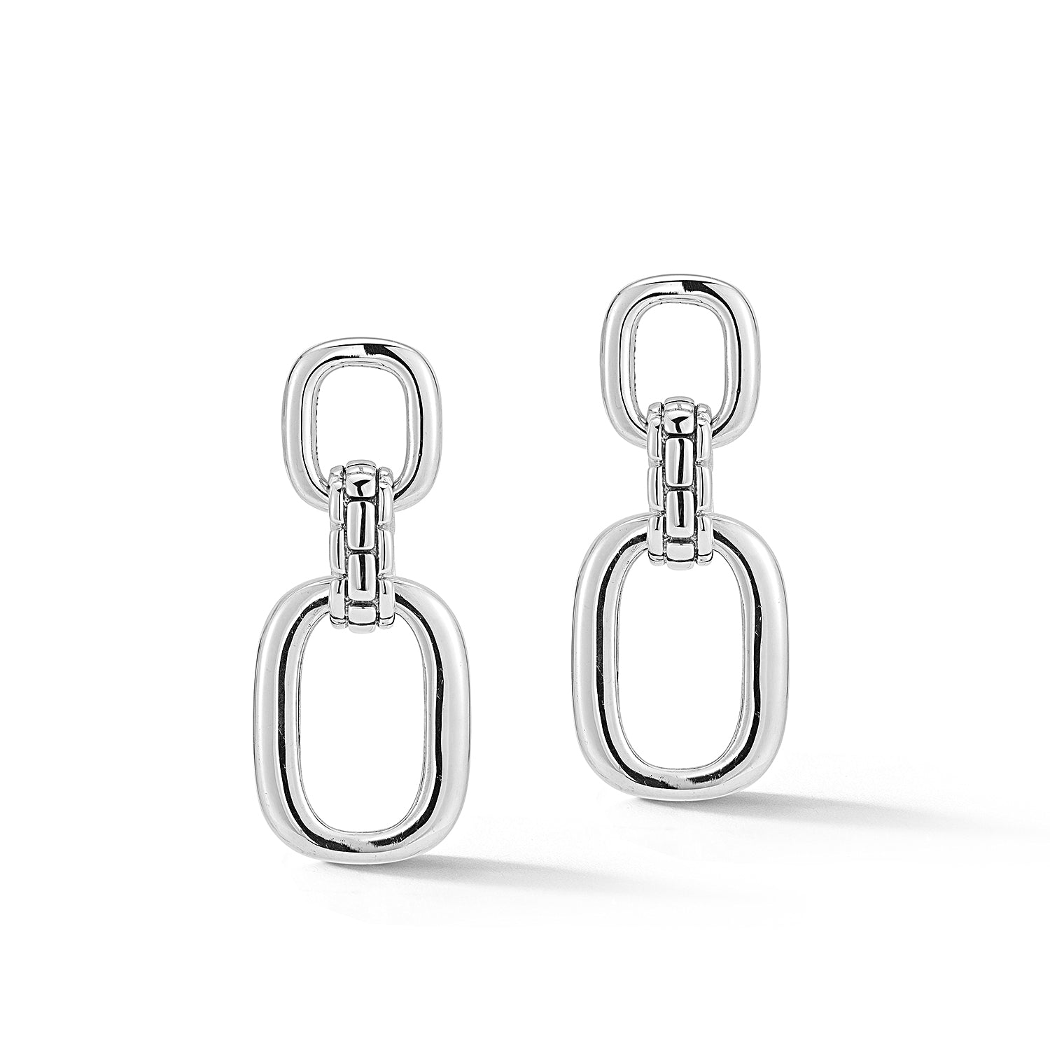 Sterling Silver Double Open Statement Link Drop Earrings with Box Chain bridge.