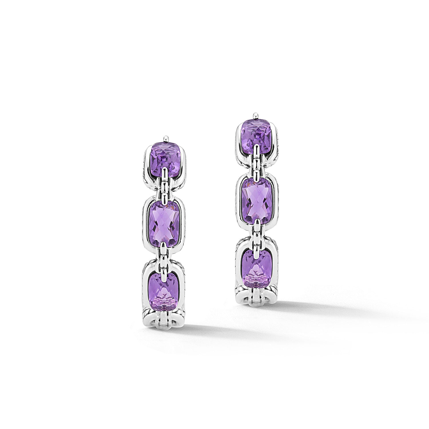 Our Sterling Silver Statement Link & Gemstone Hoop Earrings showcase 6x4mm cushion Amethyst, set horizontally and outlined with chain-woven design element, and Box Chain pattern bridge elements.Stone 