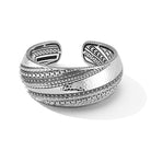 Our Sterling Silver Modern Artisan Textured Hinged Cuff Bangle is manufactured with our classic design elements of polished Hammered surfaces, chain-woven strands and Box Chain. The inner surface is f