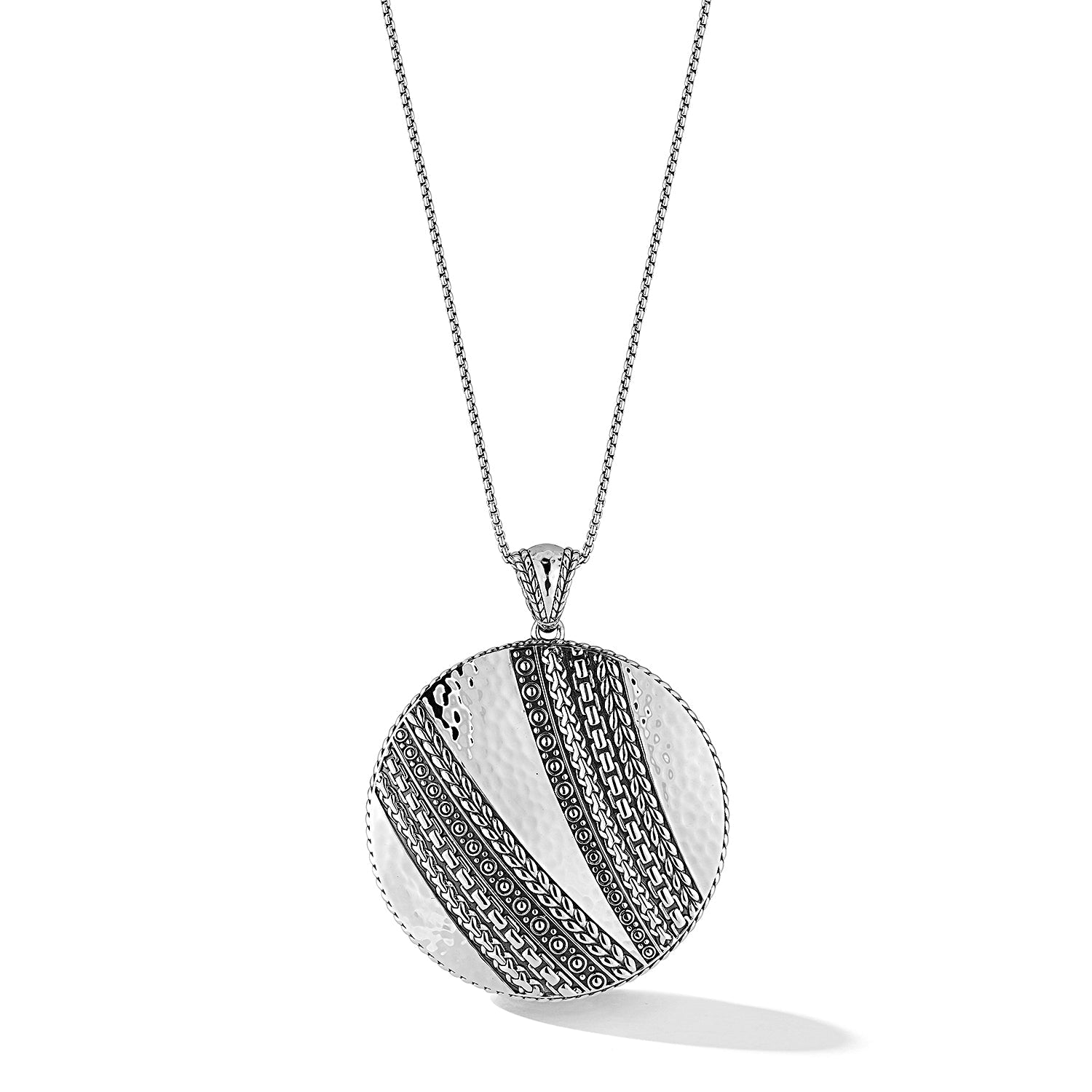Our Sterling Silver Master Artisan Textured Disk Pendant Necklace is manufactured with our classic design elements of polished Hammered surfaces, chain-woven strands and Box Chain. The pendant feature