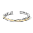 Sterling Silver & 14K Gold Hammered and Basketweave Crossover Hinged Cuff Bangle. Cuff opening is 15mm.Sizes with Inside Dimensions:Large (52x63mm)Medium (51x61mm)Small (50x59mm)