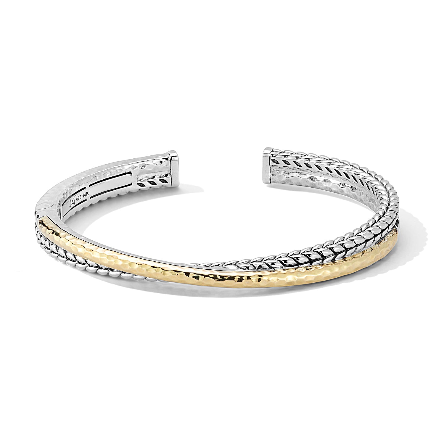 Sterling Silver & 14K Gold Hammered and Basketweave Crossover Hinged Cuff Bangle. Cuff opening is 15mm.Sizes with Inside Dimensions:Large (52x63mm)Medium (51x61mm)Small (50x59mm)
