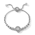 Our Sterling Silver & Diamond Graduated Box Chain Slider Bracelet is centered with a round, Pave Diamond embellished disk, trimmed with Basketweave. Bracelet adjustable sizes:Stone Information:Diamond