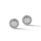 Sterling Silver & Diamond Stud Earrings showcasing round center element of brilliant Diamonds adorned with diagonal Box Chain pattern.Stone Information:Diamond > Shape: Round | Cut: Brilliant | Size: 