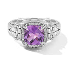 JAI Sterling Silver Diamond & Gemstone Ring with 8mm Cushion Amethyst and Box Chain Pattern. Multiple Gemstone Options and Available in Sizes: 5, 6, 7, 8, 9Stone Information:Amethyst > Shape: Cushion 