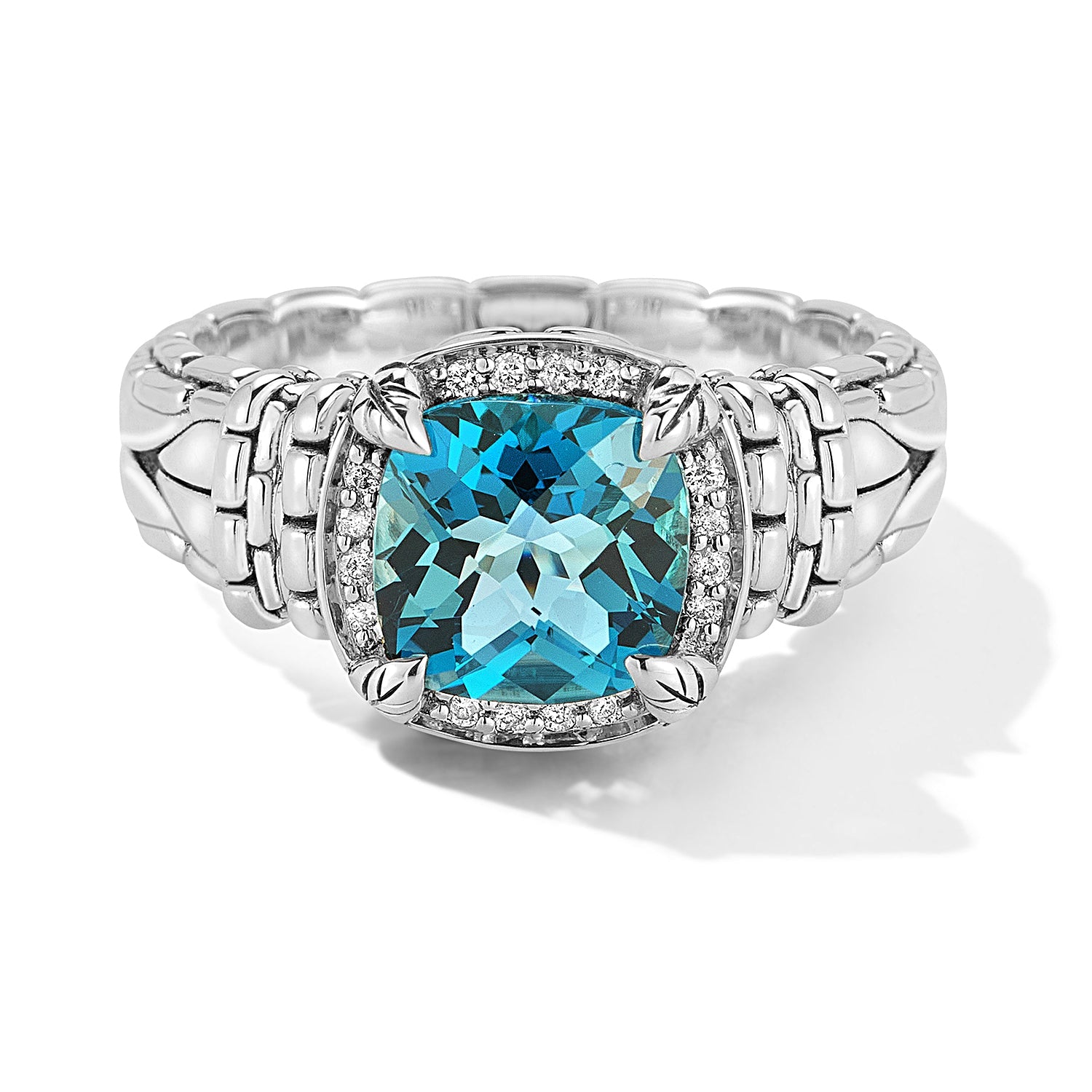 JAI Sterling Silver Diamond & Gemstone Ring with 8mm Cushion Amethyst and Box Chain Pattern. Multiple Gemstone Options and Available in Sizes: 5, 6, 7, 8, 9Stone Information:Treated London Blue Topaz 