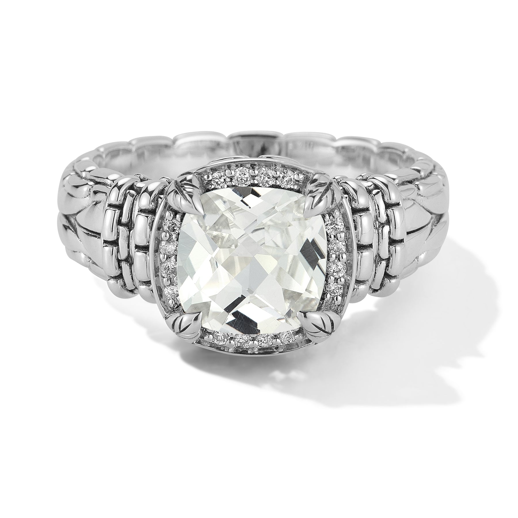 JAI Sterling Silver Diamond & Gemstone Ring with 8mm Cushion Amethyst and Box Chain Pattern. Multiple Gemstone Options and Available in Sizes: 5, 6, 7, 8, 9Stone Information:White Topaz > Shape: Cushi