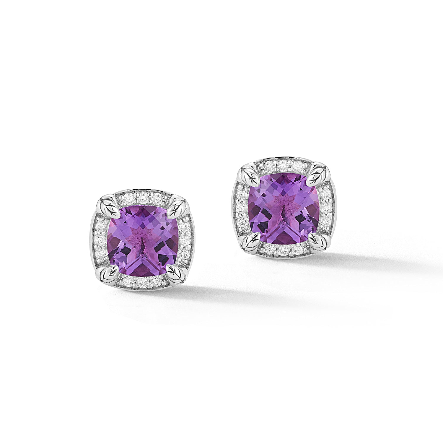 Our Sterling Silver Diamond & Gemstone Square Stud Earrings showcase 6x6mm cushion Amethyst highlighted with a perimeter of brilliant Diamonds.Stone Information:Amethyst > Shape: Cushion | Cut: Checke