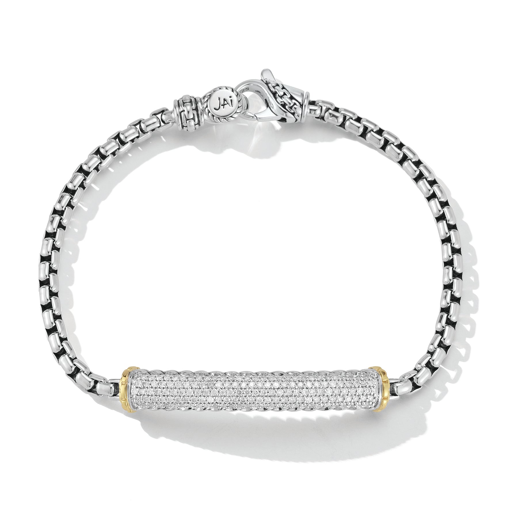 Our Sterling Silver & 14K Gold Pave Diamond Bracelet starts with 3.7mm Box Chain and showcases a rectangular element of brilliant round Diamonds, surrounded by Basketweave pattern and two 14K Gold des