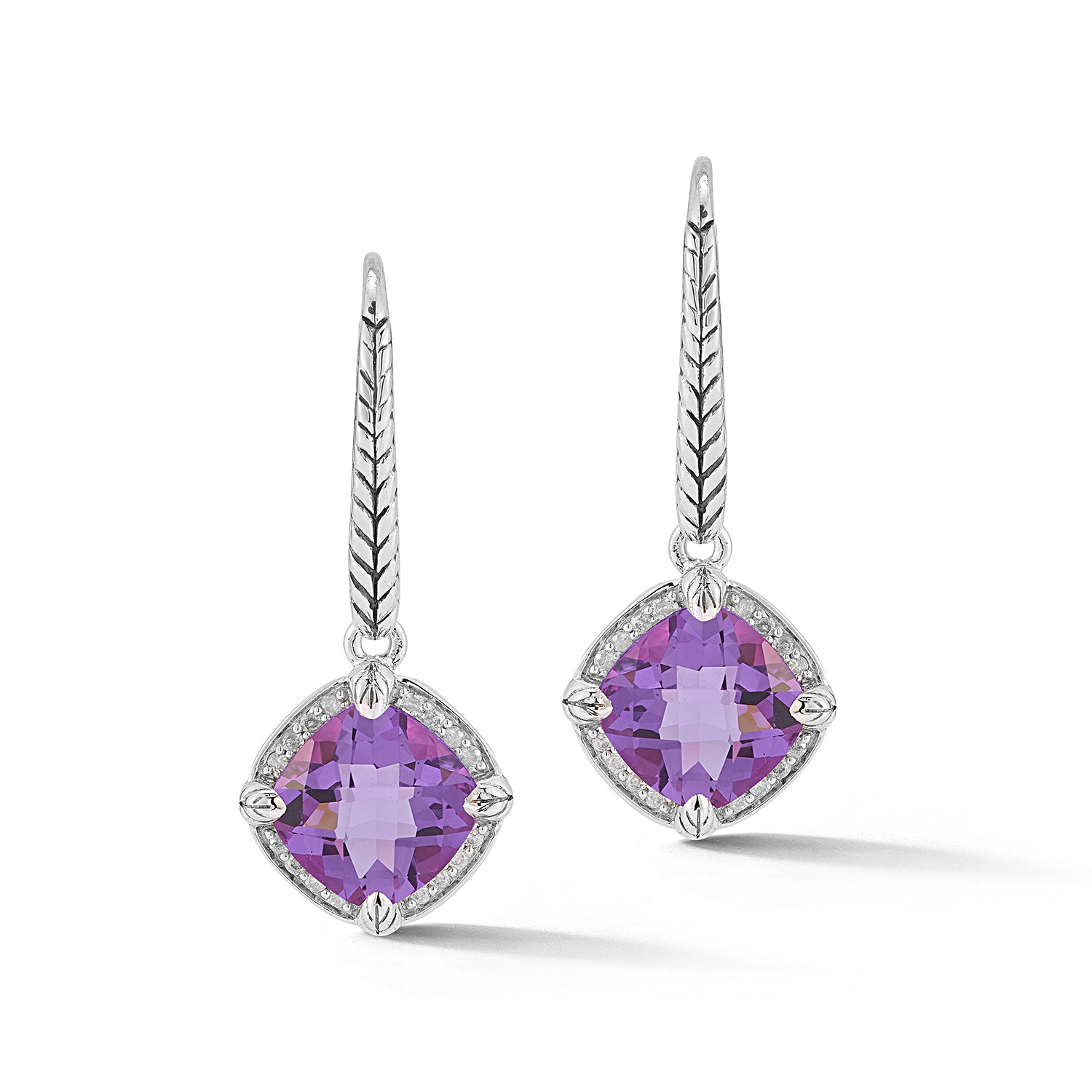 Our Sterling Silver Signature Gemstone & Diamond Drop Earrings feature 8x8mm cushion Amethyst with a circumference of brilliant round Diamonds. Basketweave pattern adorns the Lever Back.Stone Informat