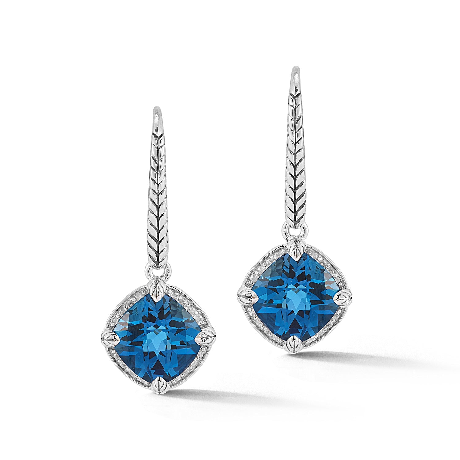 Our Sterling Silver Signature Gemstone & Diamond Drop Earrings feature 8x8mm cushion London Blue Topaz with a circumference of brilliant round Diamonds. Basketweave pattern adorns the Lever Back.Stone